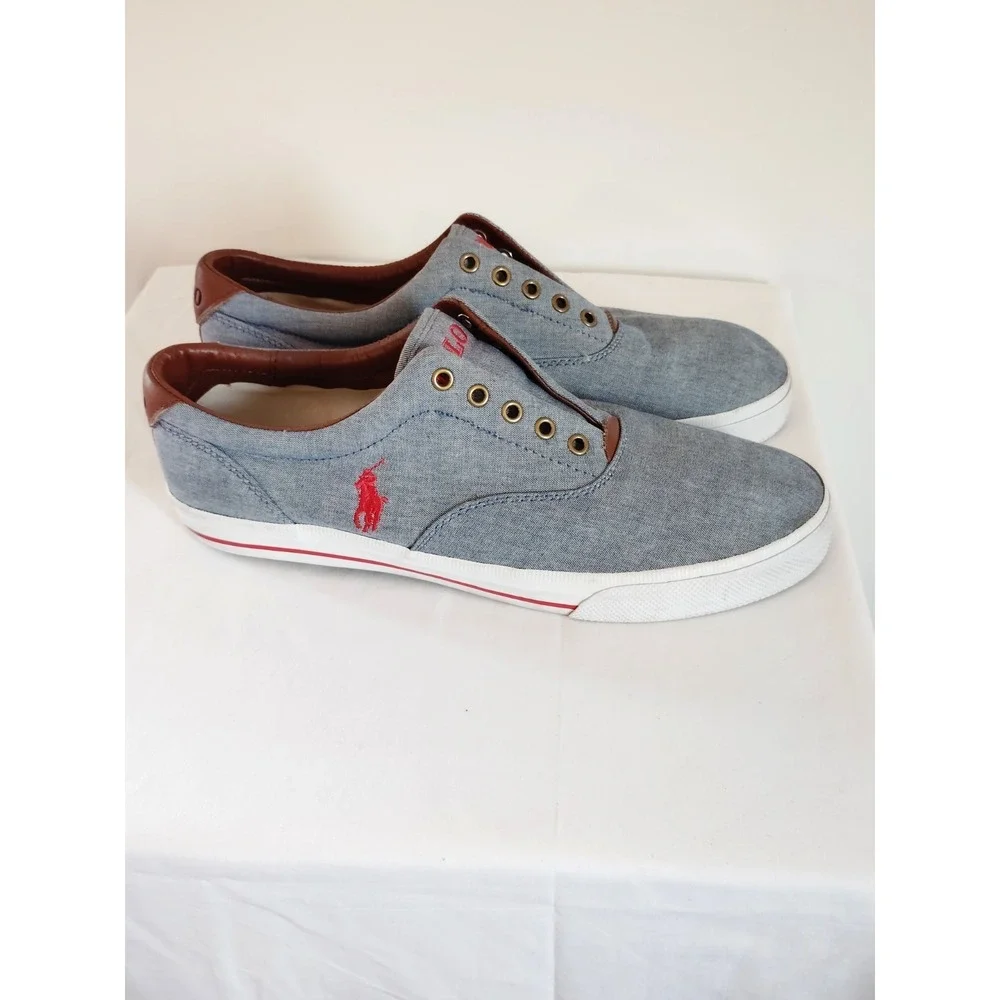 Polo Ralph Lauren Men 13D Vito Sneakers Blue Chambray Red Pony Shoes Resort Wear